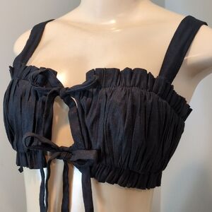 Revolve LPA Oriana Black Linen Blend Ruffle Tie Cropped Bra Top Women's Size XS